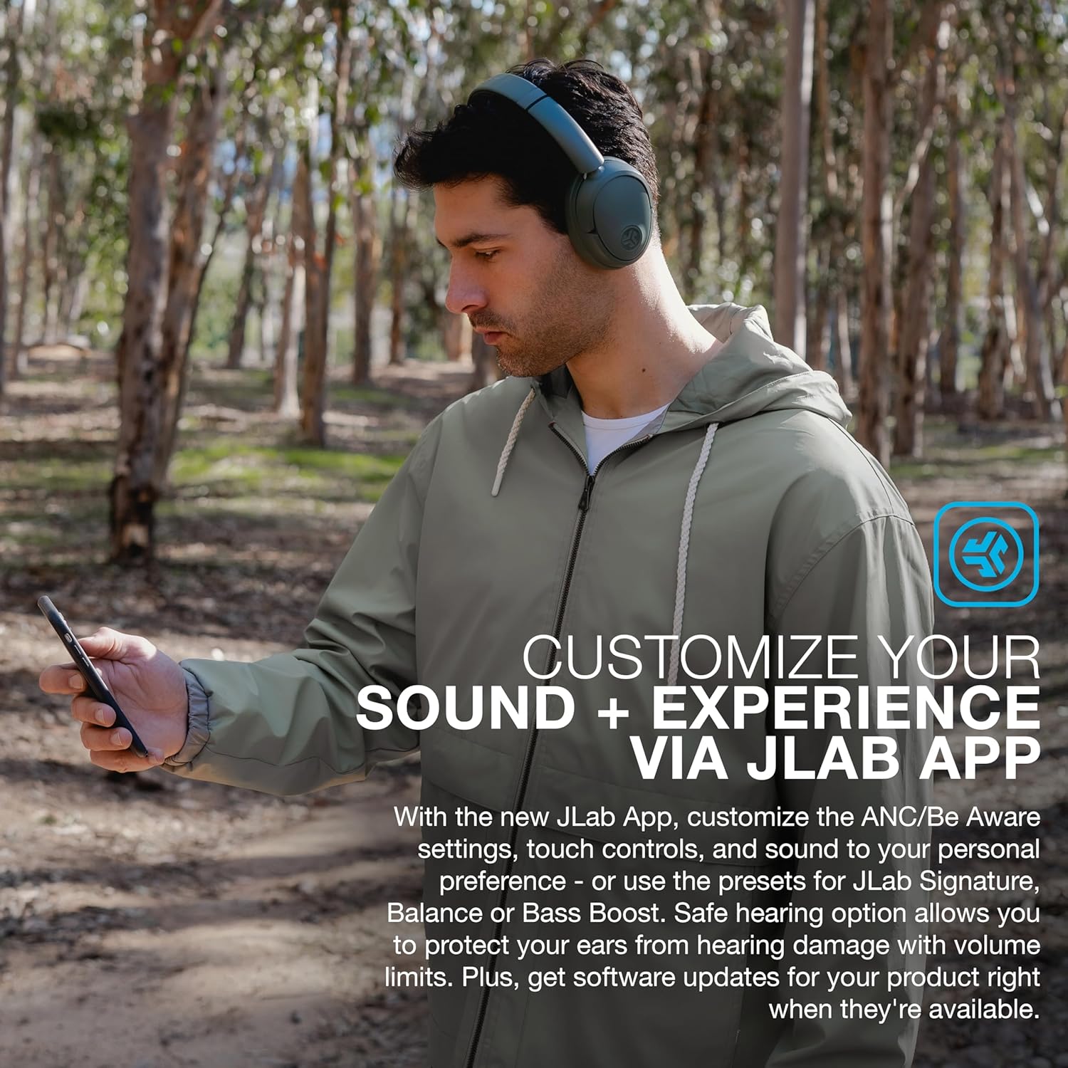 JLab JBuds Lux ANC Wireless Headphones, Sage, Hybrid Active Noise Cancelling, Customizable Sound, Spatial Audio Compatible, Premium Over-Ear Bluetooth Headset - Image 5