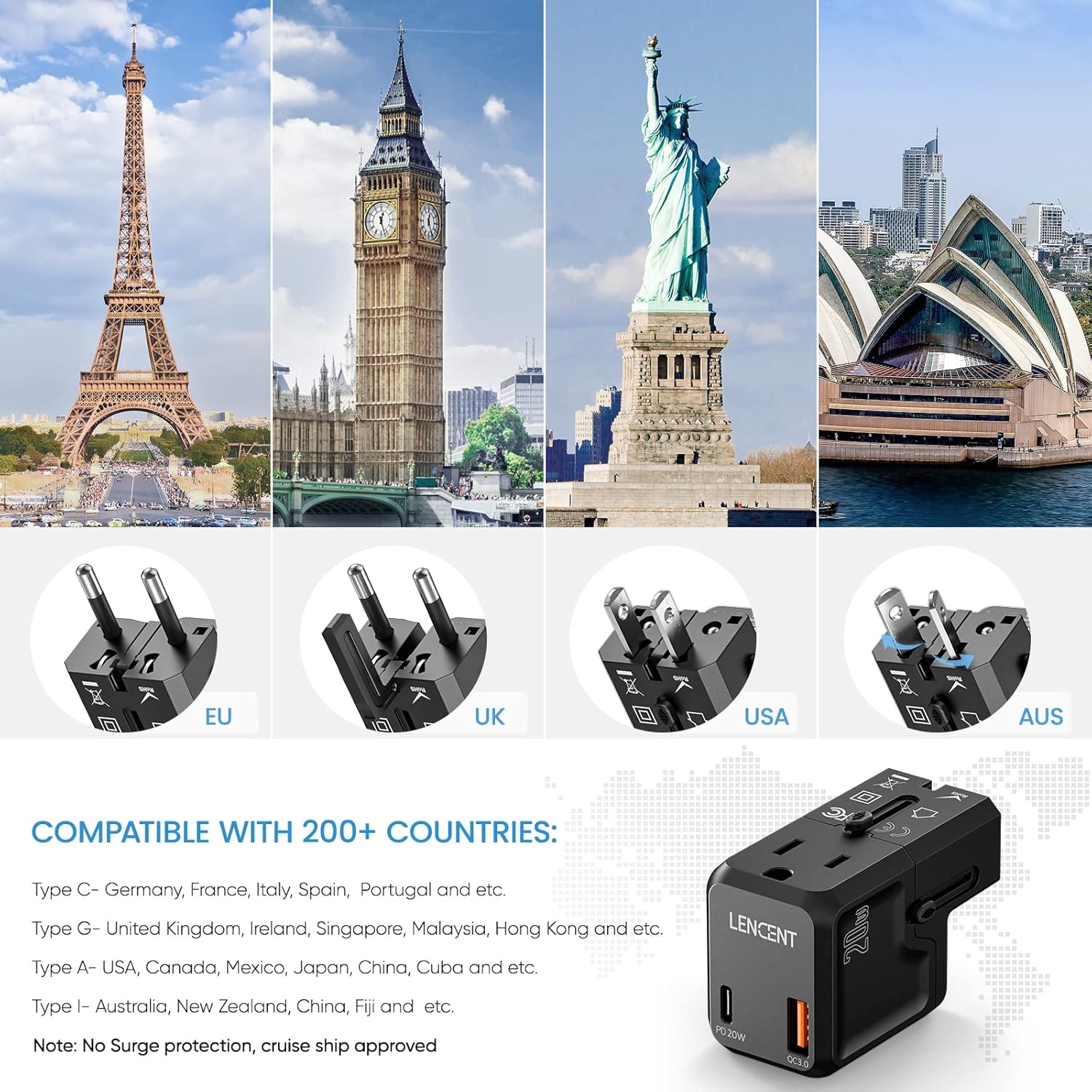 LENCENT International Travel Power Adapter, Mini All-in-One Charger, PD 20W&QC 3.0 Type-C Wall Charger, European Plug Adaptor, Universal Outlet Converter, for US to UK, Japan, EU Europe, Type A/I/G/C - Image 3