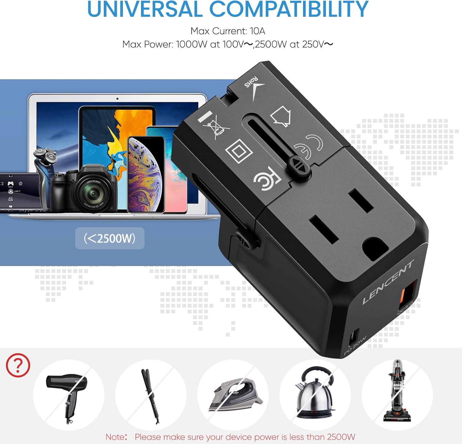 LENCENT International Travel Power Adapter, Mini All-in-One Charger, PD 20W&QC 3.0 Type-C Wall Charger, European Plug Adaptor, Universal Outlet Converter, for US to UK, Japan, EU Europe, Type A/I/G/C - Image 6