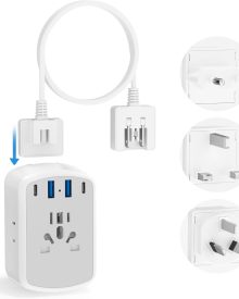 Universal Travel Adapter, Type A/C/G/I Plug Adapter, 5ft Detachable Extension Cord, 3 AC Outlets, 4 USB Ports (2 USB C), UK Europe Australia International Power Adapter